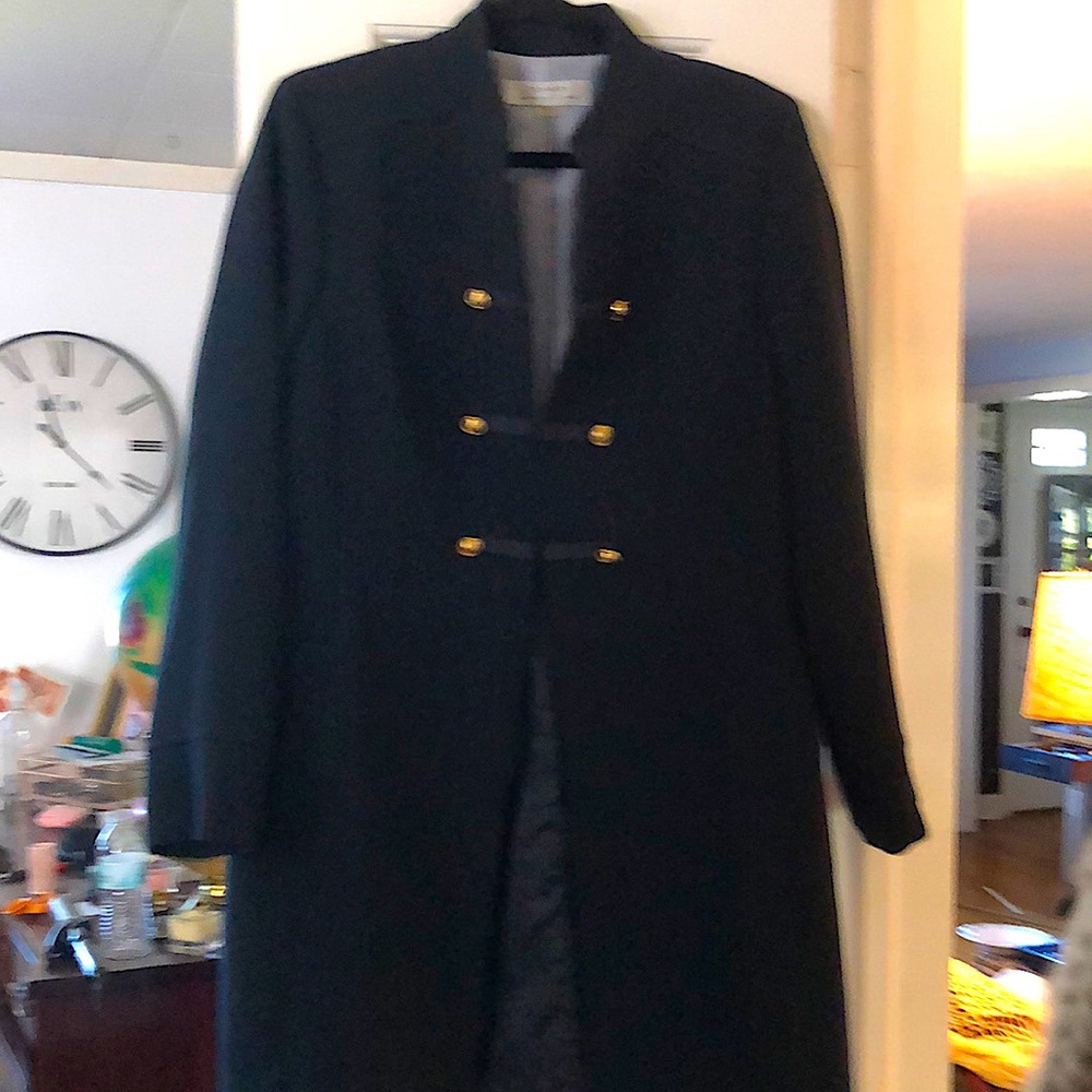 Tahari Arthur S Levine navy coat. Above knee. Fully lined, brass button trim.